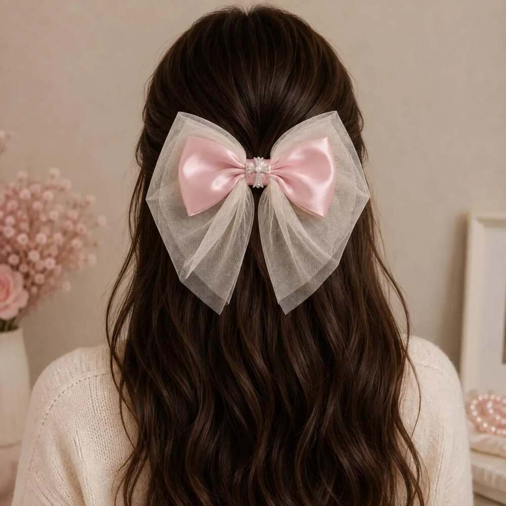 Romantic Coquette Pink Satin Tulle Bow Pearl Cross Hair Clip